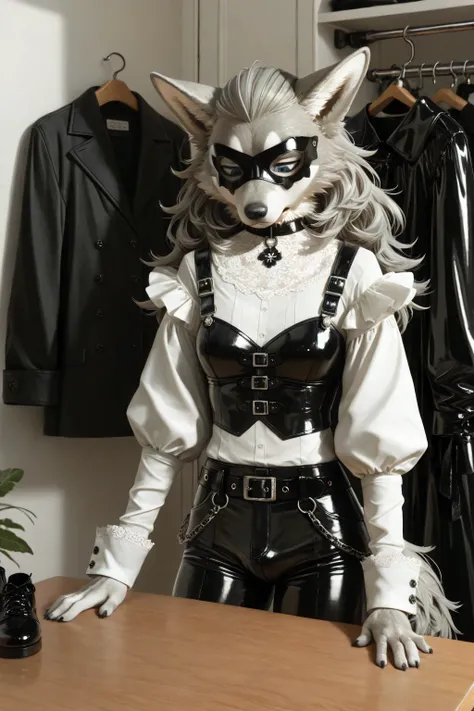 Sexy Masquerade Mask, Furry wolf male ,short frilled gray shirt,bulge, short hot temptation short skirt, looking at down, eyes down, softly long sleeves,long tie ,solo, clothes room with deep image rendering ,feels uncomfortable with feminine clothes , l...