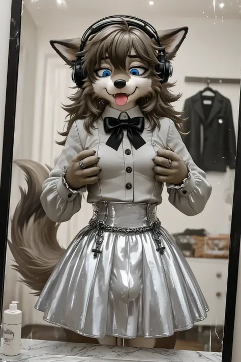 Elegant Furry effeminate wolf,soft frilled gray shirt,long hair,fabric detailed skirt,large bulge appearance on the skirt ,looking at down,eyes down,long sleeves,hearts, bow, solo, clothes room,stylish outfits,clothes details,clothes textures,feminine offi...