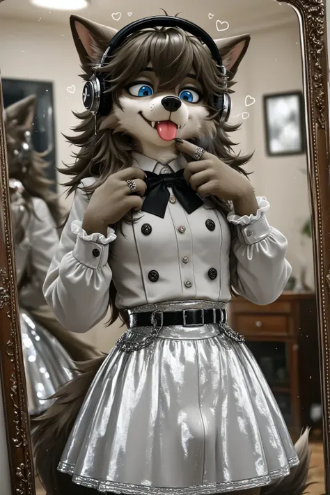 Elegant Furry effeminate wolf,soft frilled gray shirt,long hair,fabric detailed skirt,large bulge appearance on the skirt ,looking at down,eyes down,long sleeves,hearts, bow, solo, clothes room,stylish outfits,clothes details,clothes textures,feminine offi...