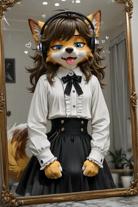 Elegant Furry effeminate wolf,soft frilled shirt,long hair,fabric detailed skirt,large bulge appearance on the skirt ,looking at down,eyes down,long sleeves,hearts, bow, solo, clothes room,stylish outfits,clothes details,clothes textures,feminine office ou...
