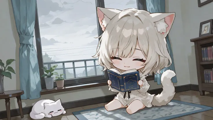 Chibi,(chibi:1.4),A cute neko-girl with soft cat ears and a fluffy cat tail, sitting on the floor of her cozy bedroom. She is reading a book with a shy, gentle smile, tilting her body slightly in an adorable, bashful pose, her tail curling softly beside he...