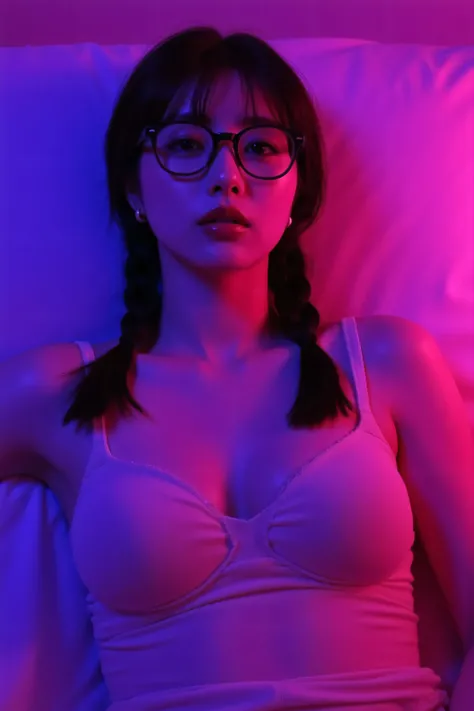 ( best masterpiece、 top quality、 winning works )、(1 high school girl:1.1)、(A petite girl with narrow shoulders:1.1)、(plain glasses with thick edges:1.2)、(twin tail hair with long braids in a low position:1.1)、(Wearing only a bra:1.1)、(Bust up photo:1.1)、pe...