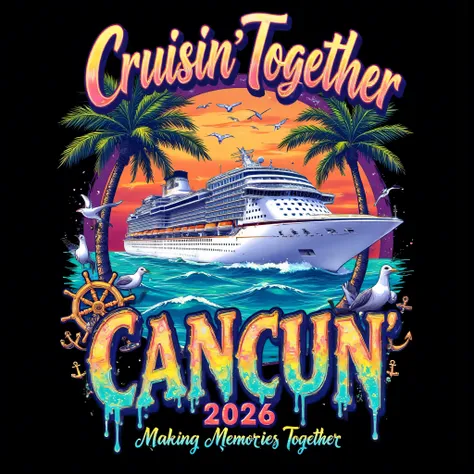 high-resolution,realistic,black background,creative,digital vibrant highly detailed T-shirt design featuring colorful style a large white cruise ship sailing on turquoise wave ocean, framed by palm trees, ocean waves, seagulls,a drawing circle sunset in th...