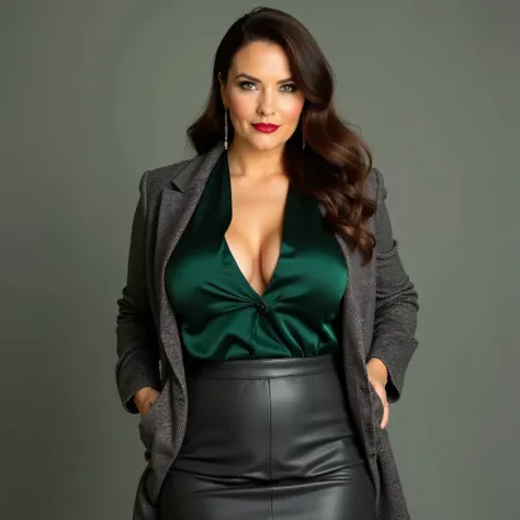 A realistic, high resolution photograph of a beautiful woman in her 50's; full body frontal view facing the camera with her arms at her side, looking at the camera. There is extra space in the photo above her head. She has a curvy, luscious, fashion model ...