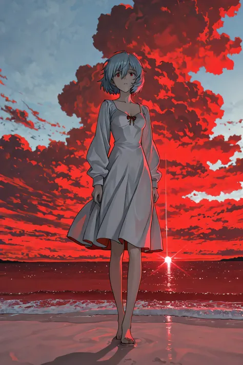 reb4,((masterpiece)), ((ultra-detailed)), ((best quality)), cloud, (red water sea), (red water), (white sand beach), rei ayanami, 1girl, light blue hair, red eyes, white dress, long sleeves, baggy sleeves, evangelion, rebuild of evangelion, (anime screenca...