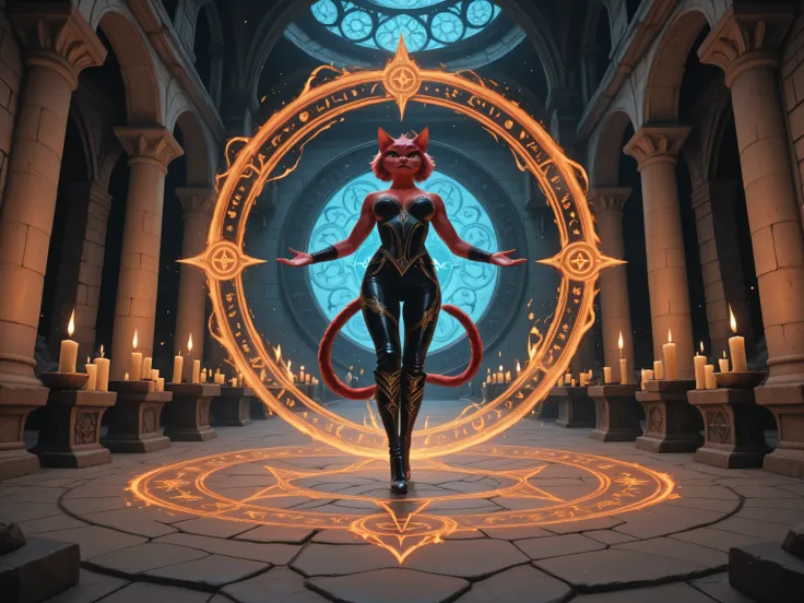 aidmaMJ6.1,masterpiece, best quality, very aesthetic, absurdres,x3rno1a,,a picture of a female anthro cat shedevil, being summoned in a magical circle, metallic shine, dynamic clothes, dynamic clothing, wearing high heels boots, an ultra wide shot, full b...