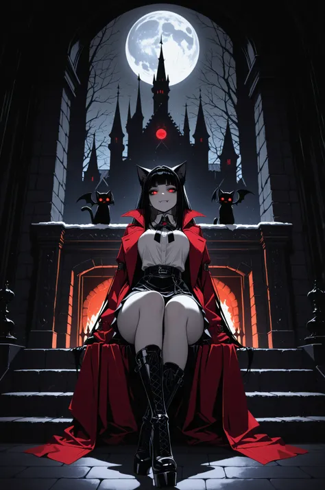 aidmaMJ6.1,masterpiece, best quality, very aesthetic, absurdres,x3rno1a,  black and white 19th century photograph style, of anthro cat female vampire in the night sitting near the fireplace in snowy night , a goth beauty, exquisite beautiful female vampire...