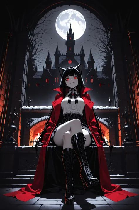 aidmaMJ6.1,masterpiece, best quality, very aesthetic, absurdres,x3rno1a,  black and white 19th century photograph style, of anthro cat female vampire in the night sitting near the fireplace in snowy night , a goth beauty, exquisite beautiful female vampire...