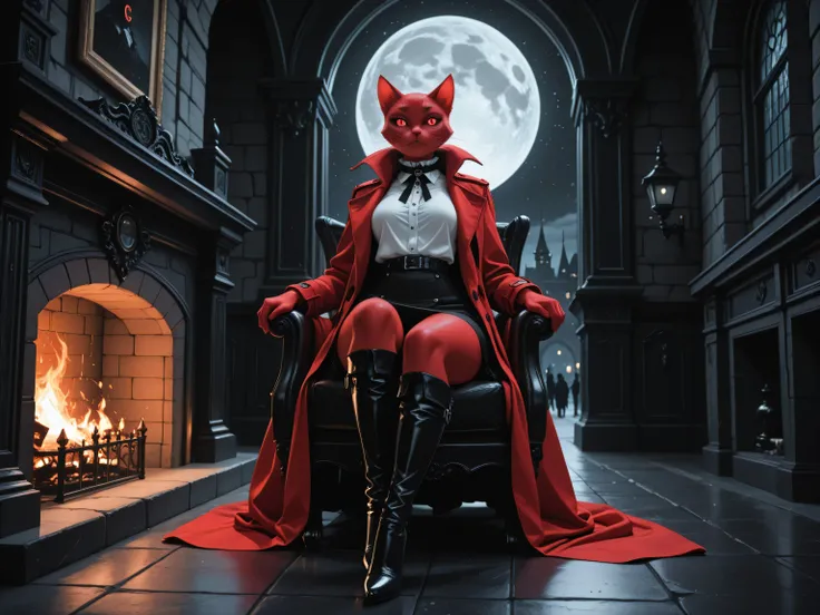 aidmaMJ6.1,masterpiece, best quality, very aesthetic, absurdres,x3rno1a, black and white 19th century photograph style, of anthro cat female devil in the night sitting near the fireplace in snowy night , a goth beauty, exquisite beautiful female anthro ca...