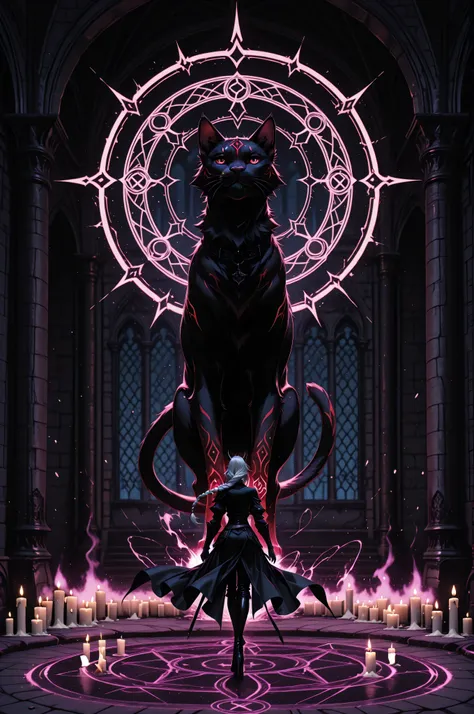 aidmaMJ6.1,masterpiece, best quality, very aesthetic, absurdres,x3rno1a,,a picture of a female anthro cat shedevil,  being summoned in a magical circle, metallic shine, dynamic clothes, dynamic clothing, wearing high heels boots, an ultra wide shot, full b...