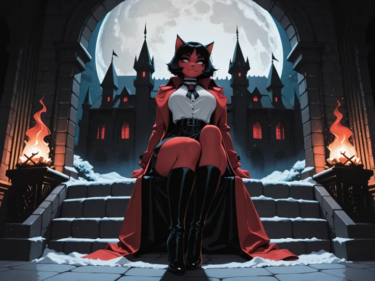 aidmaMJ6.1,masterpiece, best quality, very aesthetic, absurdres,x3rno1a,  black and white 19th century photograph style, of anthro cat female devil in the night sitting near the fireplace in snowy night , a goth beauty, exquisite beautiful female anthro ca...