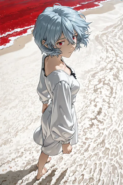 reb4,((masterpiece)), ((ultra-detailed)), ((best quality)), blue sky, (red water sea), (red water), (white sand beach), rei ayanami, 1girl, light blue hair, red eyes, white dress, long sleeves, baggy sleeves, evangelion, rebuild of evangelion, (anime scree...