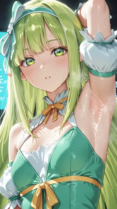 orphia-default,green eyes,green hair,long hair,hair bow,hairband, pointy ears, green dress, puffy short sleeves,bare shoulders,、3D,両脇を見せる,蒸れた脇、大量の脇汗、舌から滴り落ちる唾液、、口を大きく開ける、喉の奥、喉の奥が見える、I can see my armpits all over the screen、sweatyの腋を視聴者に押しつける、show my armpit...