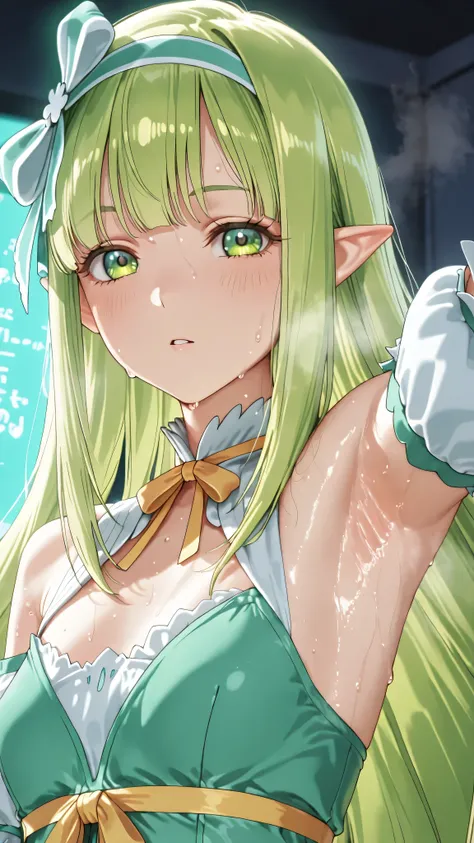 orphia-default,green eyes,green hair,long hair,hair bow,hairband, pointy ears, green dress, puffy short sleeves,bare shoulders,、3D,両脇を見せる,蒸れた脇、大量の脇汗、舌から滴り落ちる唾液、、口を大きく開ける、喉の奥、喉の奥が見える、I can see my armpits all over the screen、sweatyの腋を視聴者に押しつける、show my armpit...
