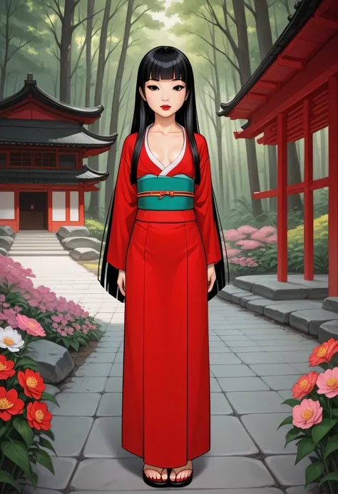 Perfect Face, Perfect Body, (Female Asian, Face Asian), Teen 18 Years Old, Young Girl, Black Hair, Very Long Hair, (Hime Cut Hair), Black Normal Eyebrows, Black Eyes, Red Lips, Collarbone, Cleavage, (Small Breasts), (Kimono), Standing, Looking At Me, (Japa...