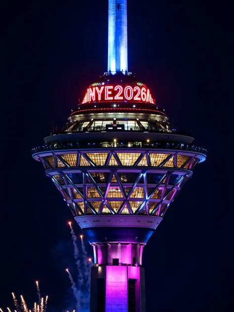 MiladTower viewed from a helicopter, the tower is painted blue pink and purple with speckles of black, the paint is luminescent, the time is night time, there are fireworks, there is neon text on the top of the building reading "NYE2026"