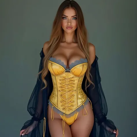 A realistic, high resolution photograph of a beautiful Caucasian woman in her 20's; full body frontal view facing the camera with her arms at her side, looking at the camera. There is extra space in the photo above her head. She has a curvy, Amazonian, fas...