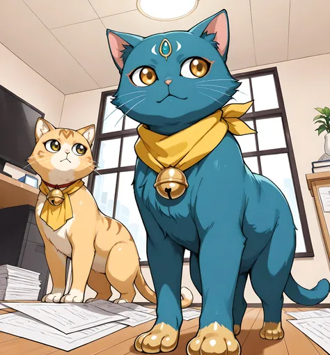 ((Low angle side view, incredibly detailed art, walking in a company office, near the living room window, a room full of papers):1.05), {Cat}:((1cat, solo, alone, Looking to the side with a sleepy gaze, blue fur, golden bell on neck, golden feline eyes, go...