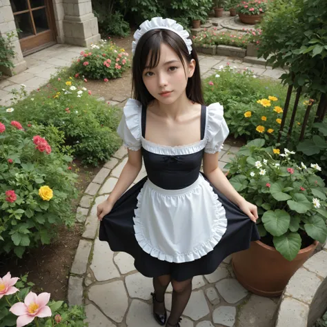 1 girl、maids,watch viewers,(skinny:0.64),(younger:0.60),from above,Leaning Forward,(big boobs:-0.38),is watering flowers outside the mansion,japanese,(Smile Yang with a middle-aged man:0.24),Black Lace Stockings
