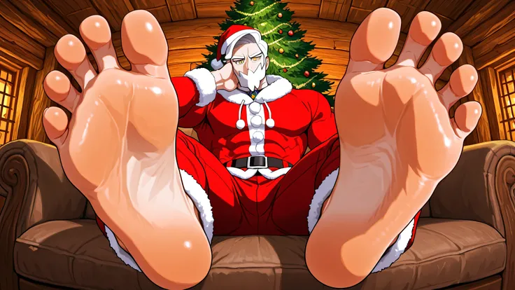 1 male, drayden_pokemon, white hair, yellow eyes, muscular, huge feet, extreme close up on feet, seated, in rustic living room, log cabin, cozy background, back to Christmas tree, santa outfit, barefoot, five toes, wearing clothes, looking at viewer, teasi...