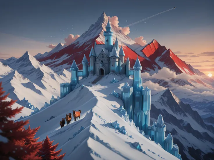 aidmaMJ6.1,masterpiece, best quality, very aesthetic, absurdres,x3rno1a,a panoramic award winning photography, Photorealistic, extremely detailed of an ice castle , standing on the peak of a snowy mountain, an impressive best detailed castle made from ice ...