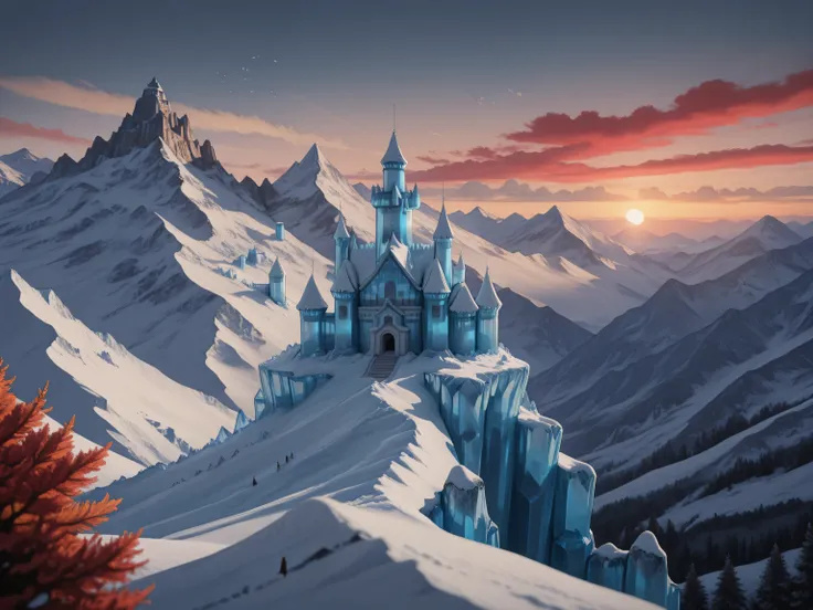 aidmaMJ6.1,masterpiece, best quality, very aesthetic, absurdres,x3rno1a,a panoramic award winning photography, Photorealistic, extremely detailed of an ice castle , standing on the peak of a snowy mountain, an impressive best detailed castle made from ice ...