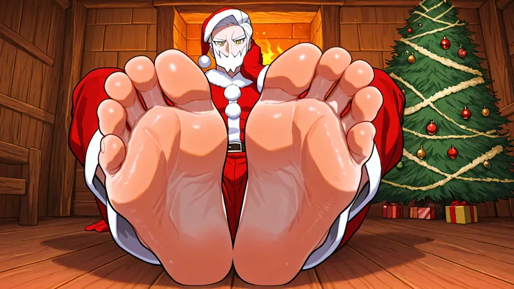 1 male, drayden_pokemon, white hair, yellow eyes, muscular, huge feet, extreme close up on feet, seated on floor, in rustic log cabin, cozy background, back to Christmas tree, santa outfit, barefoot, five toes, wearing clothes, looking at viewer, teasing e...