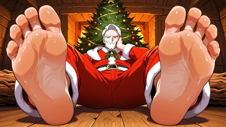 1 male, drayden_pokemon, white hair, yellow eyes, muscular, huge feet, extreme close up on feet, seated on floor, in rustic log cabin, cozy background, back to Christmas tree, santa outfit, barefoot, five toes, wearing clothes, looking at viewer, teasing e...