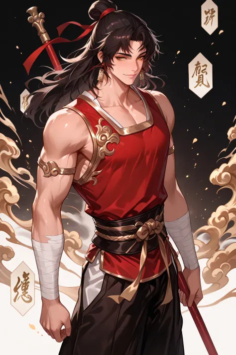 Full portrait of a male warrior monk inspired by Sun Wukong, with a clearly chulesca and challenging attitude. Subtle simiesc traits: bright golden eyes full of mischief, Arrogant smile, confident gesture and provocative look. dark hair tied in a tall bun,...