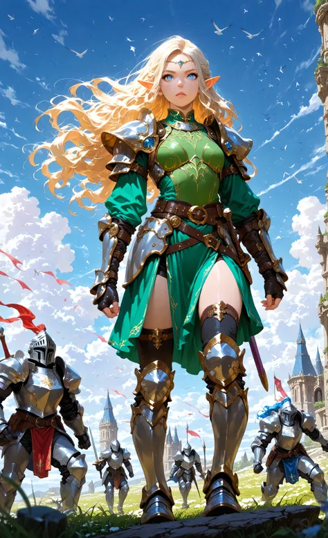 wallpaper of an elf knight, elf warrior, princess knight, shinning knight, ready for battle, female elf , full body ultra detailed face, ultra feminine, fair skin, exquisite beauty, gold hair, long hair, wavy hair, small pointed ears, dynamic eyes color, w...