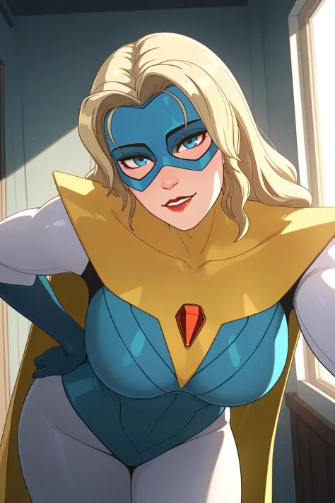 kabedon on viewer, dispatch_blonde_blazer, blue and yellow superhero costume, looking at viewer, blushing, indoors, biting lip, one hand resting on hip,leaning forward,red lips, white long sleeves, blue gloves,teeth,mature woman, adult,narrow waist, curvy,...
