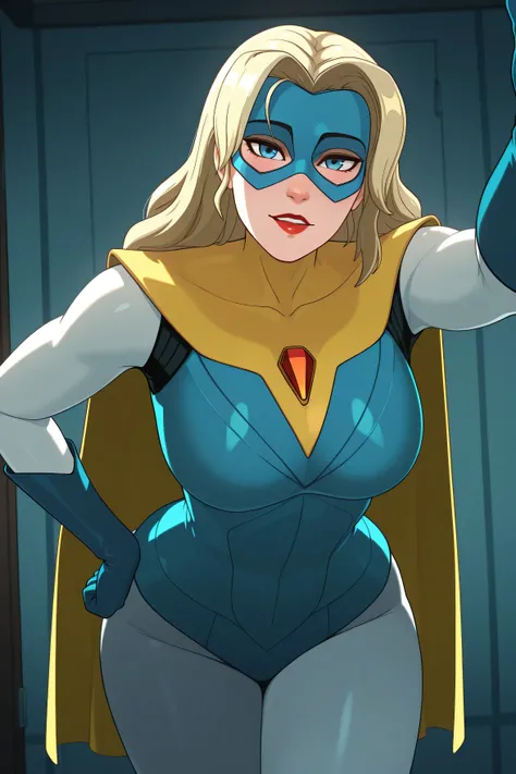 kabedon on viewer, dispatch_blonde_blazer, blue and yellow superhero costume, looking at viewer, blushing, indoors, biting lip, one hand resting on hip,leaning forward,red lips, white long sleeves, blue gloves,teeth,mature woman, adult,narrow waist, curvy,...