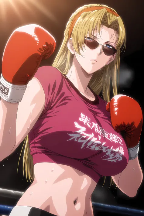 1girl, solo, young mature, <lora:Eda_SDXL_IL_V1:1>,e1d22,1girl,solo,blonde hair,long hair,straight hair,orange hairband,blue eyes,sunglasses,large breasts,pink crop top,clothes writing, boxing gloves,navel, midriff, sweating