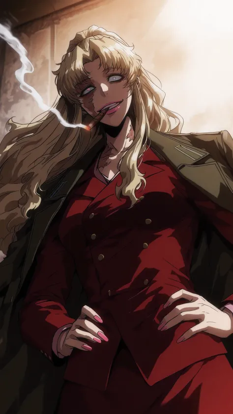  Balalaika, balalaika ( black lagoon) , blue eyes , long blonde hair, Burnt scars on the right side of her face, scar on her face, black eyeliner, pink lips, red long sleeves shirt, red skirt ,coat on shoulders, light pink nails polish,, blood on her face,...