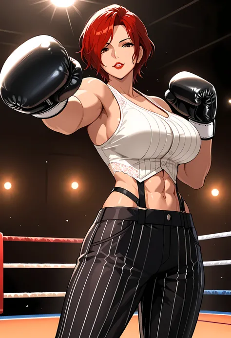 Anime style, 1 girl, solo, looking at viewer, mature woman, ((Vanessa from KOF)), short red hair, waved hair, parted bangs down, brown eyes, red lips, soft smile, parted lips, white tanktop, big breasts, abs, toned body, slim waist, attractive, motherly, l...