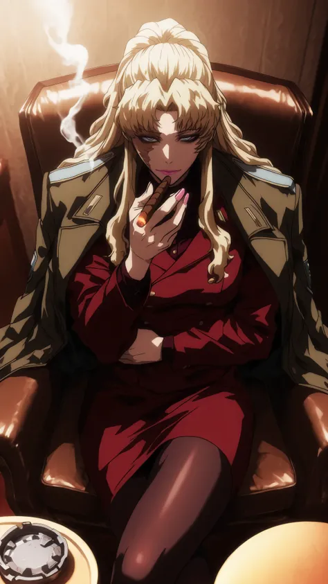 Balalaika, balalaika ( black lagoon) , blue eyes , long blonde hair, Burnt scars on the right side of her face, scar on her face, black eyeliner, pink lips, red long sleeves shirt, red skirt, Black tights,coat on shoulders, light pink nails polish,Legs cr...