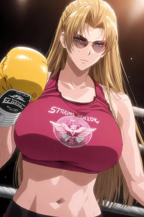 1girl, solo, young mature, <lora:Eda_SDXL_IL_V1:1>,e1d22,1girl,solo,blonde hair,long hair,straight hair,orange hairband,blue eyes,sunglasses,large breasts,pink crop top,clothes writing, boxing gloves,navel, midriff, sweating