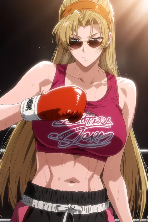 1girl, solo, young mature, <lora:Eda_SDXL_IL_V1:1>,e1d22,1girl,solo,blonde hair,long hair,straight hair,orange hairband,blue eyes,sunglasses,large breasts,pink crop top,clothes writing, boxing gloves,navel, midriff, sweating