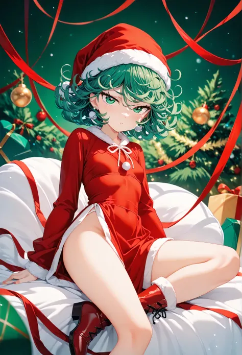 Christmas, 1girl, solo, red santa dress, santa hat,dress, looking at viewer, jewelry, red ribbon, bangs, earrings, boots, ptatsumaki, green eyes, curly hair, green hair, bangs, blush, flipped hair, short hair, small breasts, thighs