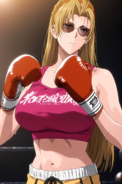 1girl, solo, young mature, <lora:Eda_SDXL_IL_V1:1>,e1d22,1girl,solo,blonde hair,long hair,straight hair,orange hairband,blue eyes,sunglasses,large breasts,pink crop top,clothes writing, boxing gloves,navel, midriff, sweating