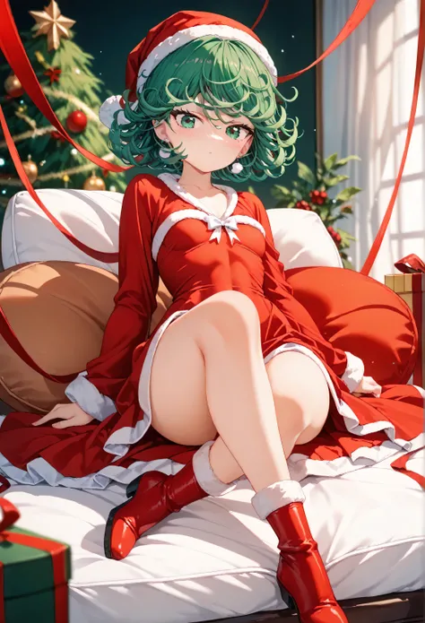 Christmas, 1girl, solo, red santa dress, santa hat,dress, looking at viewer, jewelry, red ribbon, bangs, earrings, boots, ptatsumaki, green eyes, curly hair, green hair, bangs, blush, flipped hair, short hair, small breasts, thighs