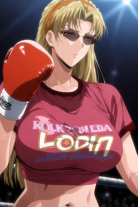 1girl, solo, young mature, <lora:Eda_SDXL_IL_V1:1>,e1d22,1girl,solo,blonde hair,long hair,straight hair,orange hairband,blue eyes,sunglasses,large breasts,pink crop top,clothes writing, boxing gloves,navel, midriff, sweating