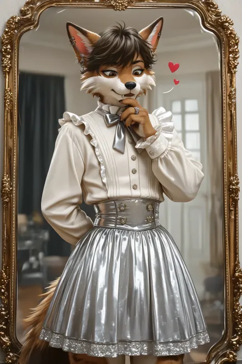 Elegant and clever Furry effeminate wolf with a feminine chest ,soft frilled shirt,fabric detailed Victorian skirt,bulge appearance on the skirt ,looking at down,eyes down,long sleeves,hearts, bow, solo, clothes room,stylish outfits,clothes details,clothes...