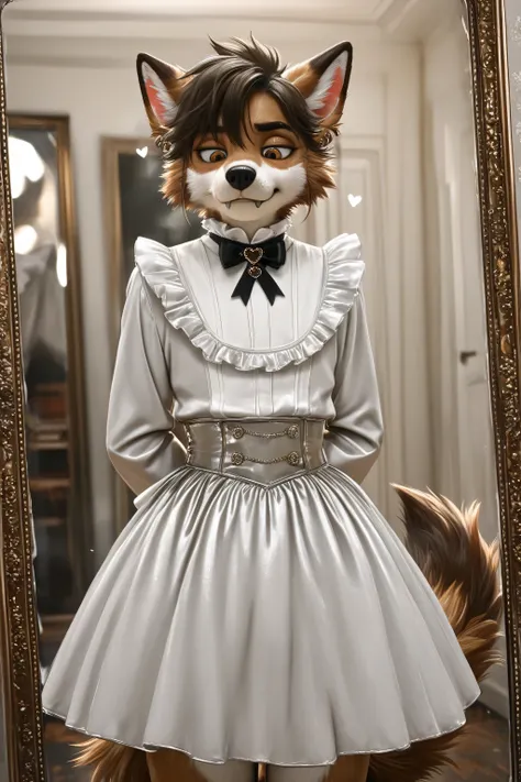 Elegant and clever Furry effeminate wolf with a feminine chest ,soft frilled shirt,fabric detailed Victorian skirt,bulge appearance on the skirt ,looking at down,eyes down,long sleeves,hearts, bow, solo, clothes room,stylish outfits,clothes details,clothes...