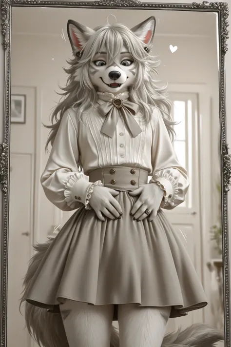 Elegant and clever Furry effeminate wolf,soft frilled shirt,long hair,very short fabric detailed skirt,large bulge appearance on the skirt ,looking at down,eyes down,long sleeves,hearts,solo,clothes room,stylish outfits,clothes details,clothes textures,fem...