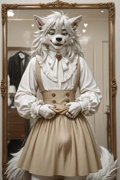 Elegant and clever Furry effeminate wolf,soft frilled shirt,long hair,very short fabric detailed skirt,large bulge appearance on the skirt ,looking at down,eyes down,long sleeves,hearts,solo,clothes room,stylish outfits,clothes details,clothes textures,fem...