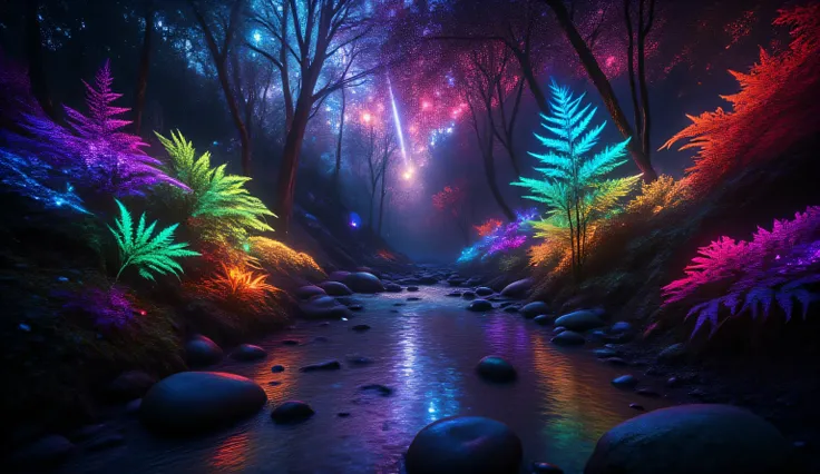Giant kaleidoscopic ferns reaching impossible heights with spectacular fronds displaying every color imaginable from crimson red to cobalt blue, violet, amber and emerald, clear mountain spring flowing directly through a grove of these massive plants, wate...