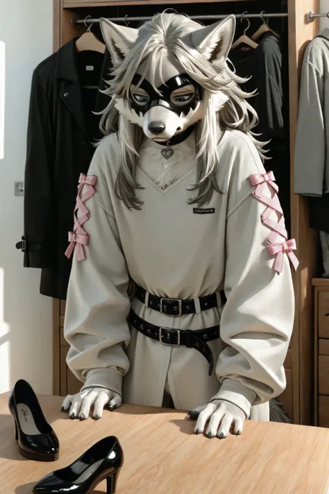 Sexy Masquerade Mask, Furry young wolf male ,short frilled gray shirt,bulge, short hot temptation short skirt, looking at down, eyes down, softly long sleeves,pink bow,solo, clothes room with deep image rendering ,feels uncomfortable with feminine clothes...