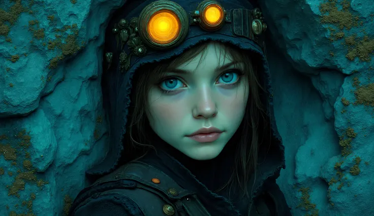 Neo-expressionism, painterly look, detailed, intricate, subdued colors, fantasy, imaginative and expressive styles, dreamy mood, ethereal, texturized, layered, girl, head lamp, cave, darkness, ilumate, by Karin Kuhlmann