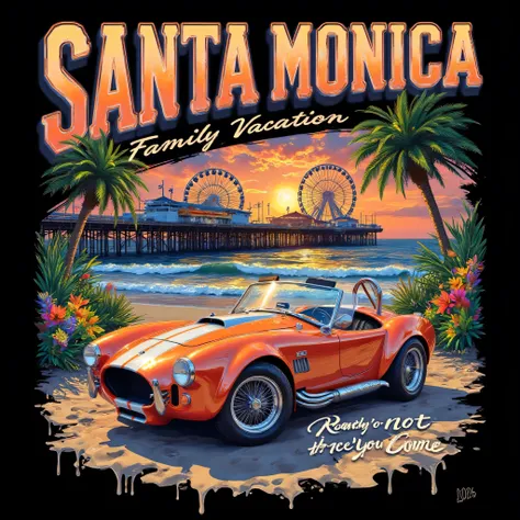 Create high-resolution,realistic,black background,creative,digital vibrant highly detailed Tshirt design of Santa Monica Pier at sunset, featuring the ferris wheel, amusement lights, lush green palm trees,tropical colorful flowers, and the wooden pier silh...